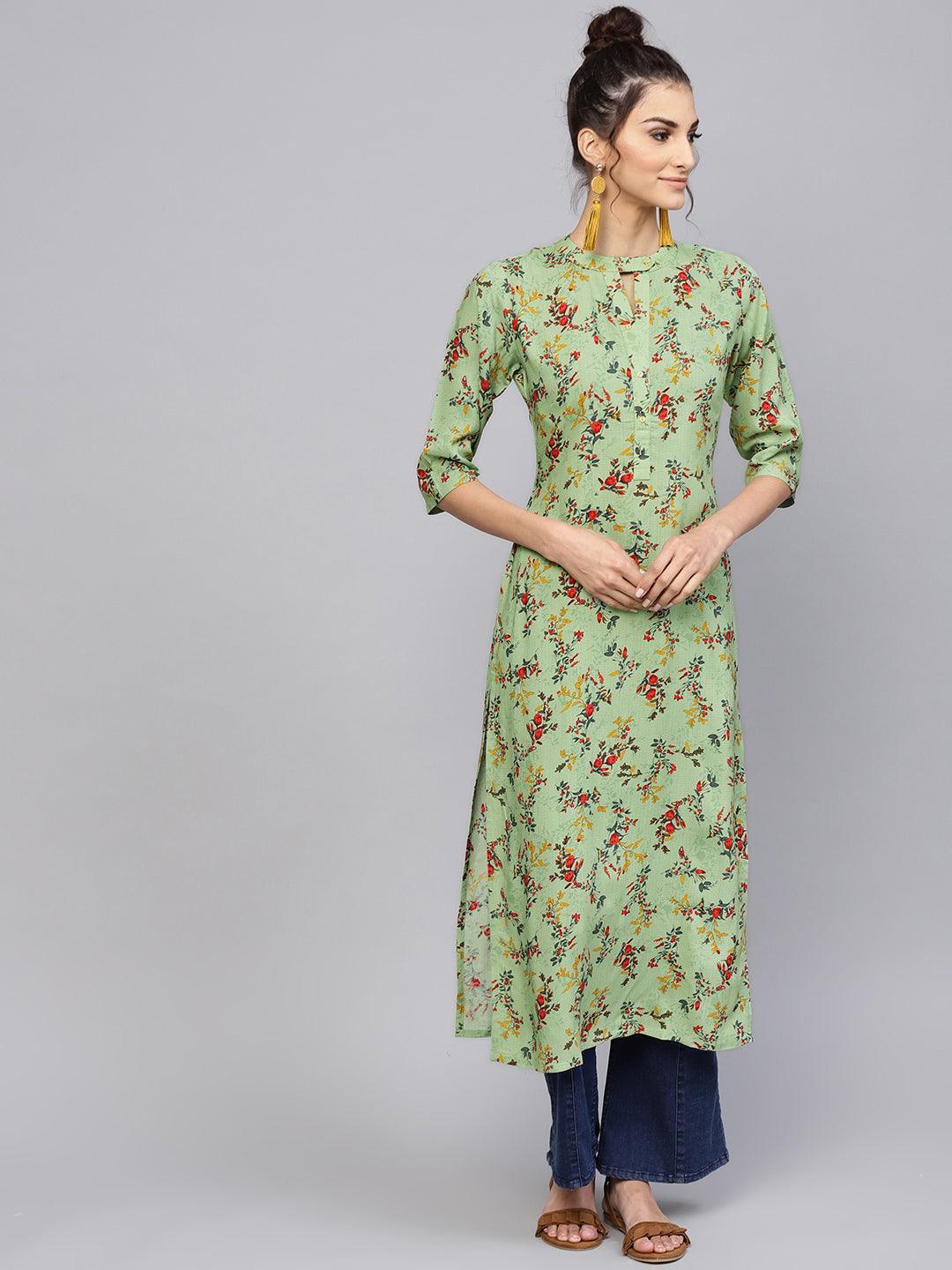 Green Printed Rayon Kurta