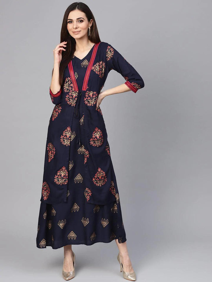 Blue Printed Rayon Dress With Jacket - ShopLibas