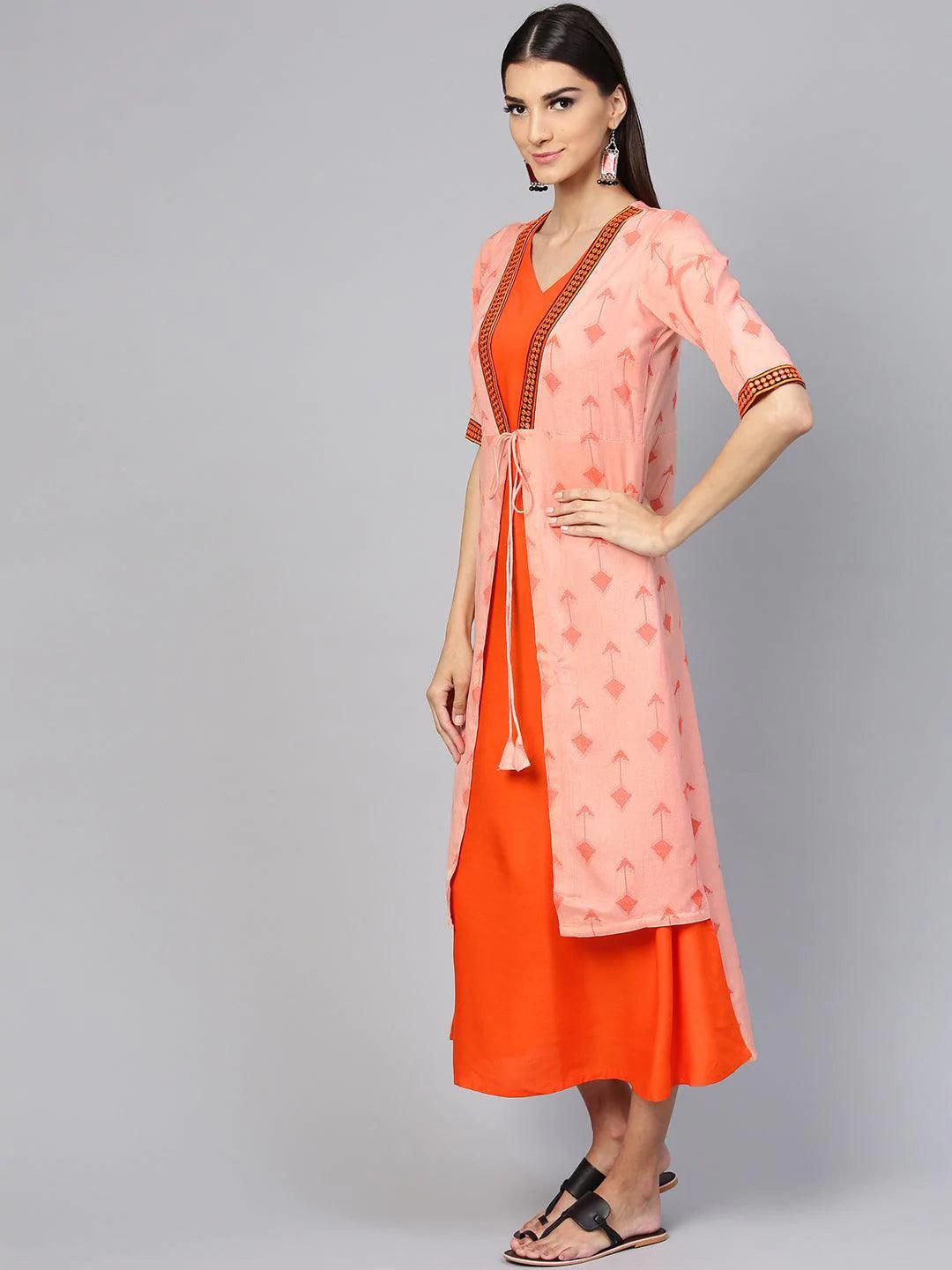 Orange Printed Rayon Dress With Jacket