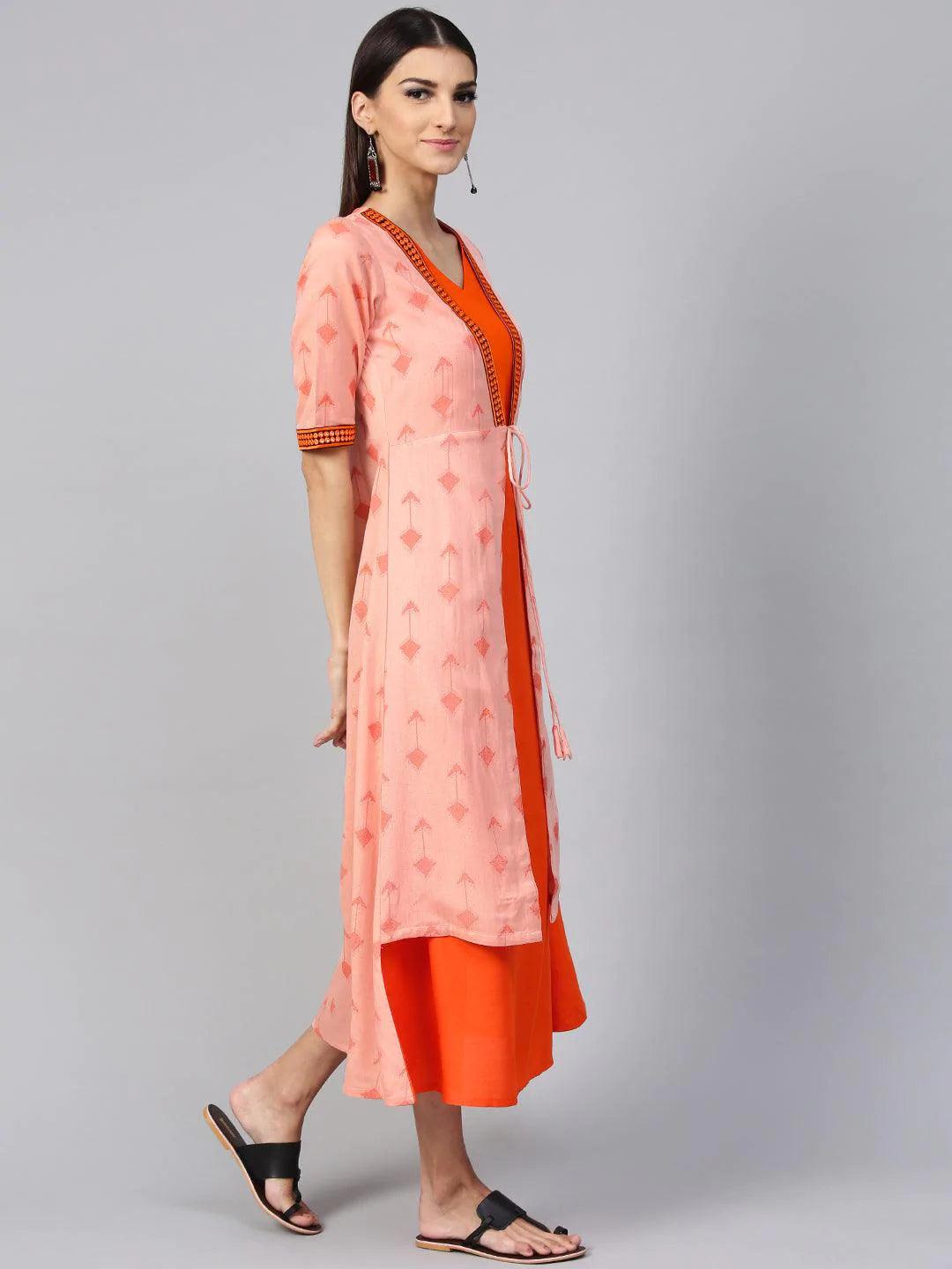 Orange Printed Rayon Dress With Jacket