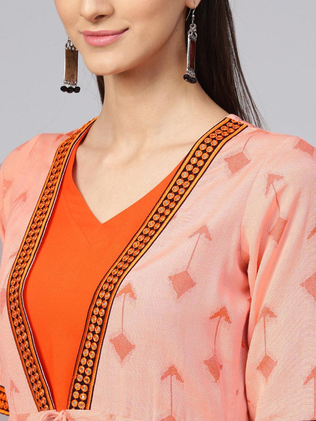 Orange Printed Rayon Dress With Jacket