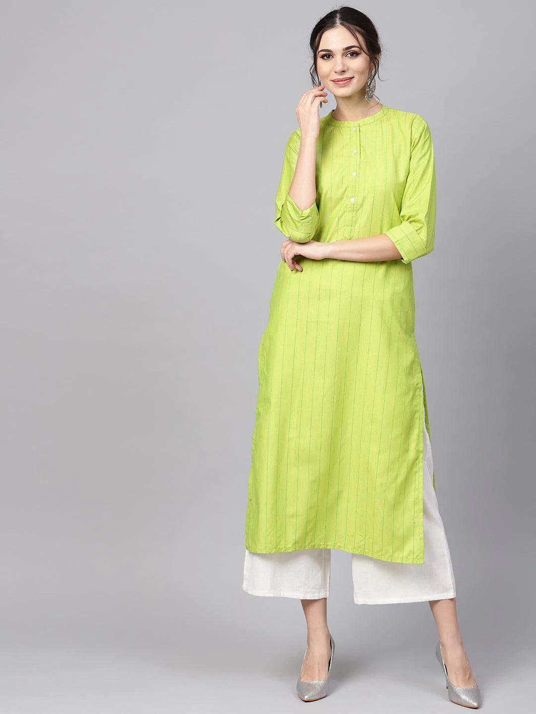 Green Striped Cotton Kurta