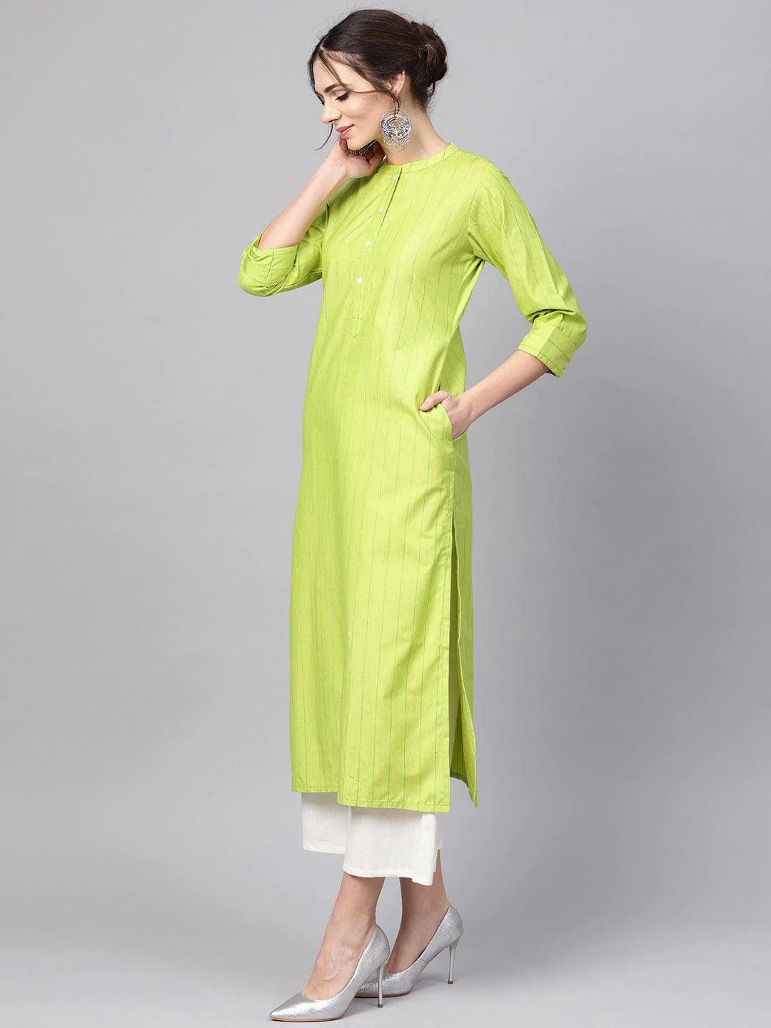 Green Striped Cotton Kurta