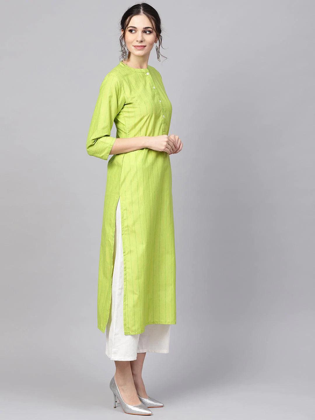 Green Striped Cotton Kurta