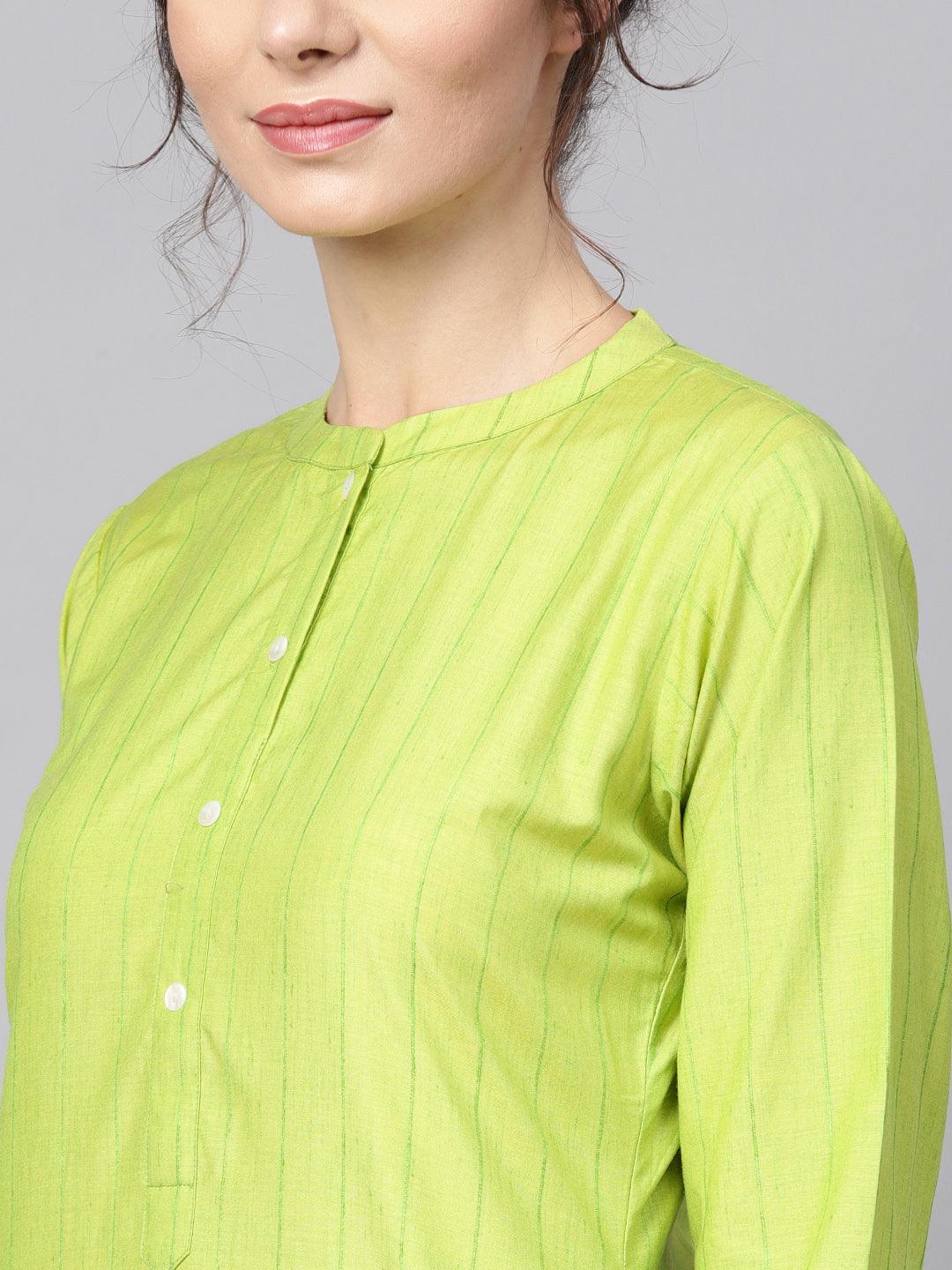 Green Striped Cotton Kurta