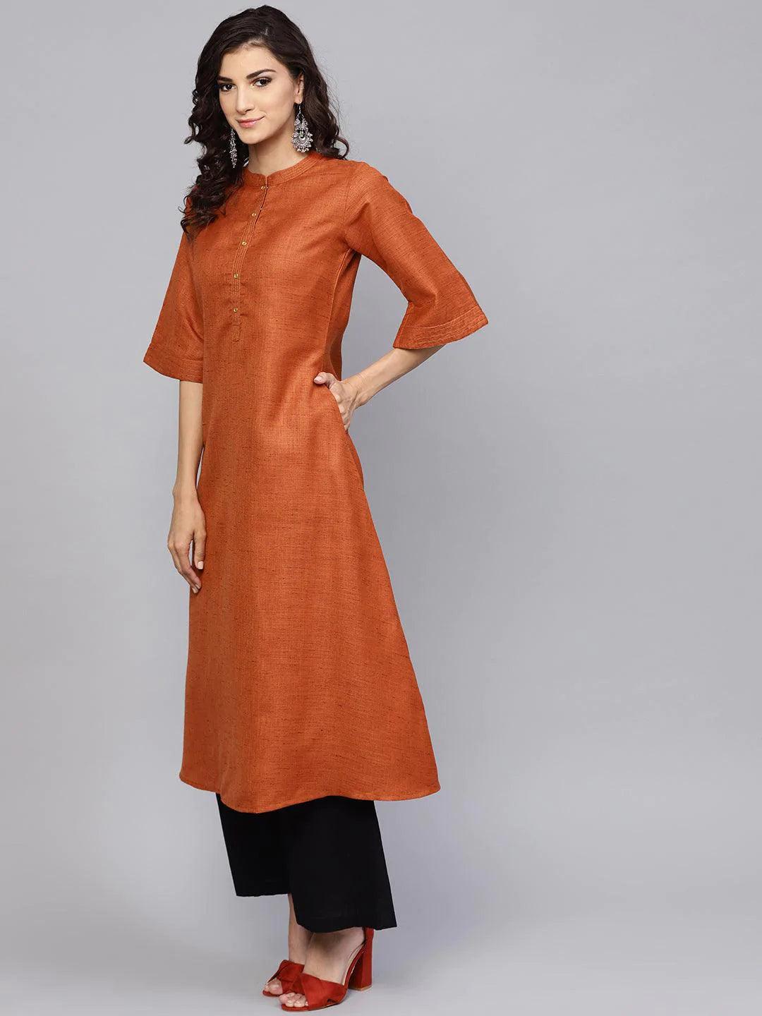 Rust Solid Cotton Kurta - ShopLibas