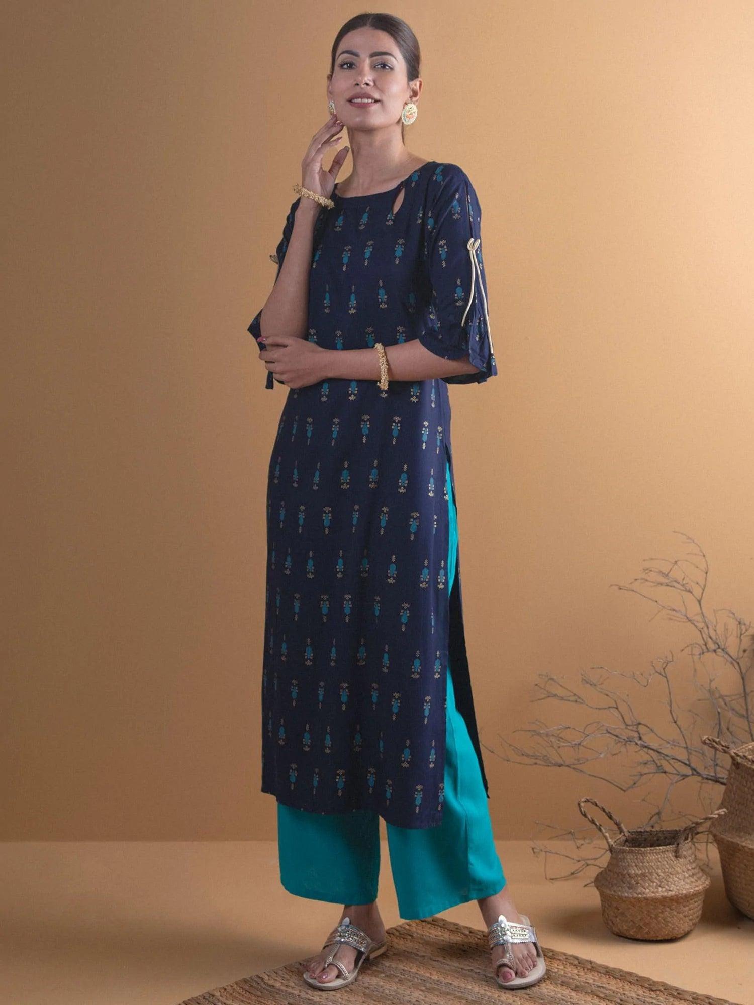 Navy Blue Printed Rayon Kurta