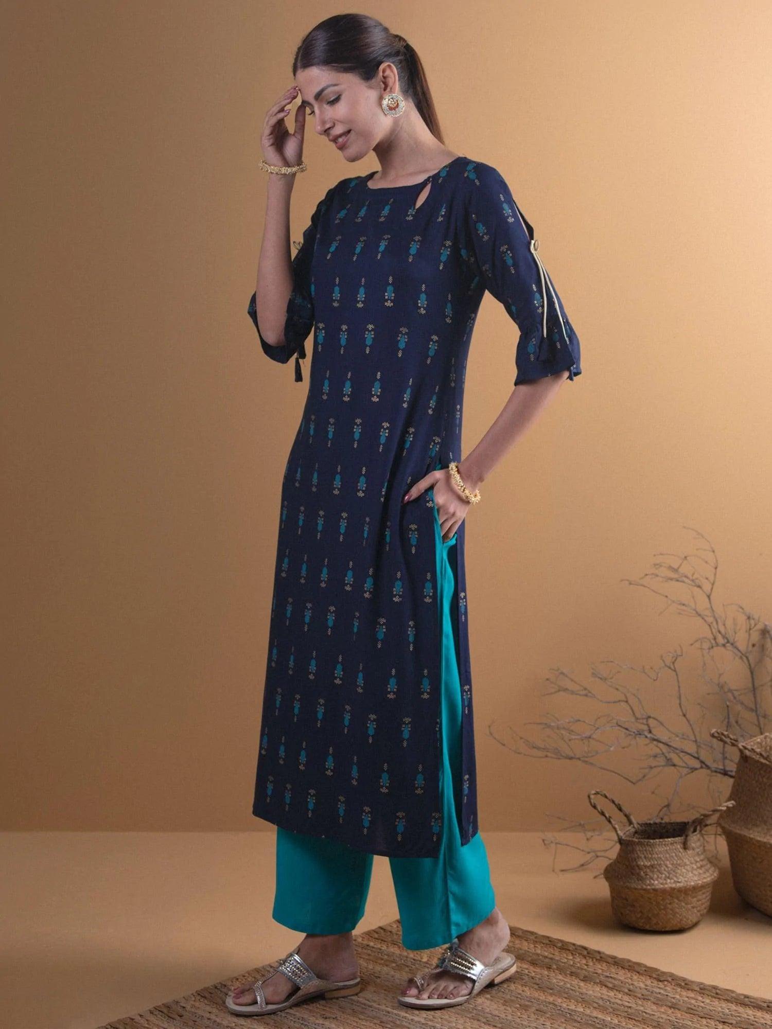 Navy Blue Printed Rayon Kurta