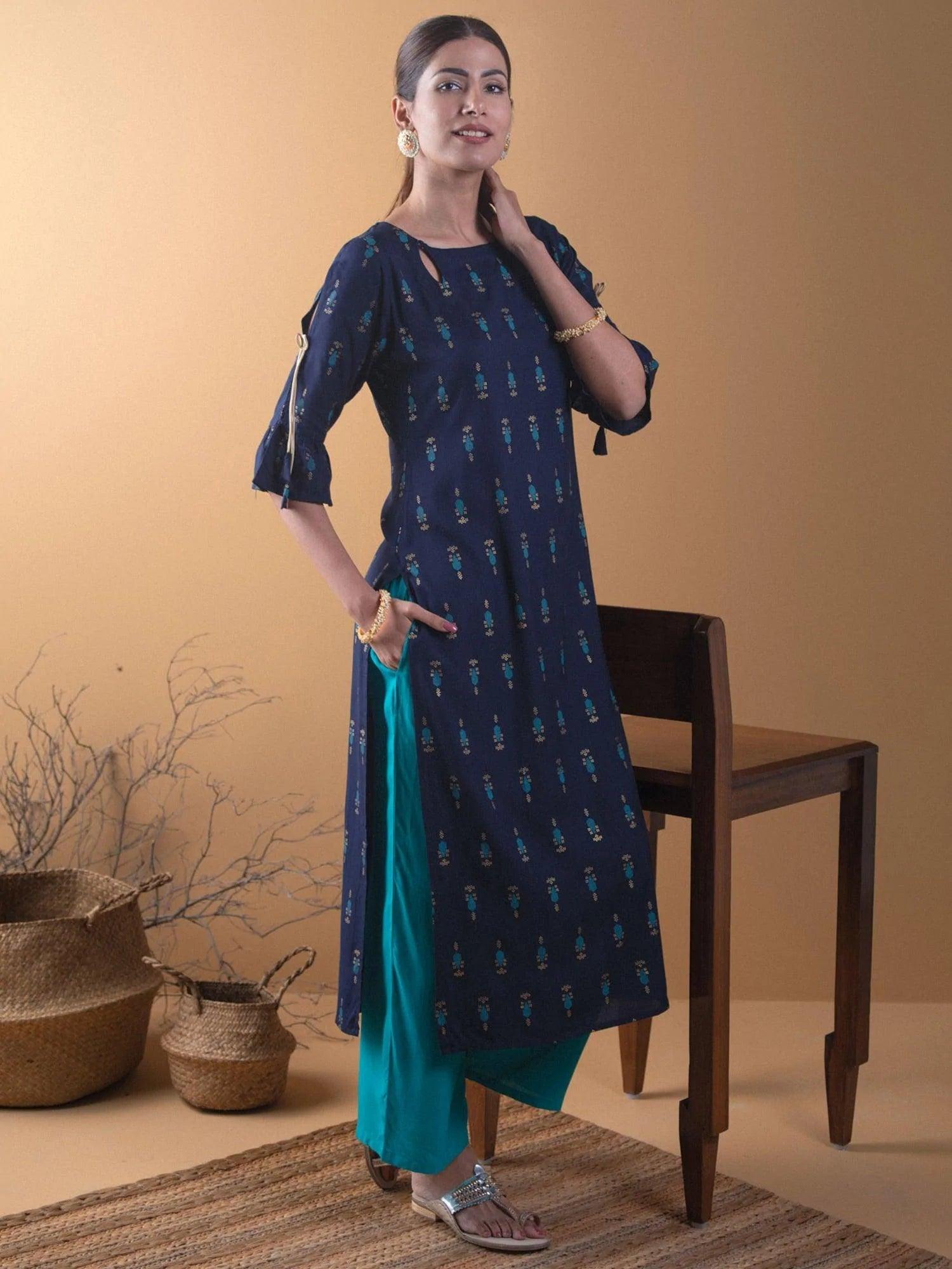 Navy Blue Printed Rayon Kurta