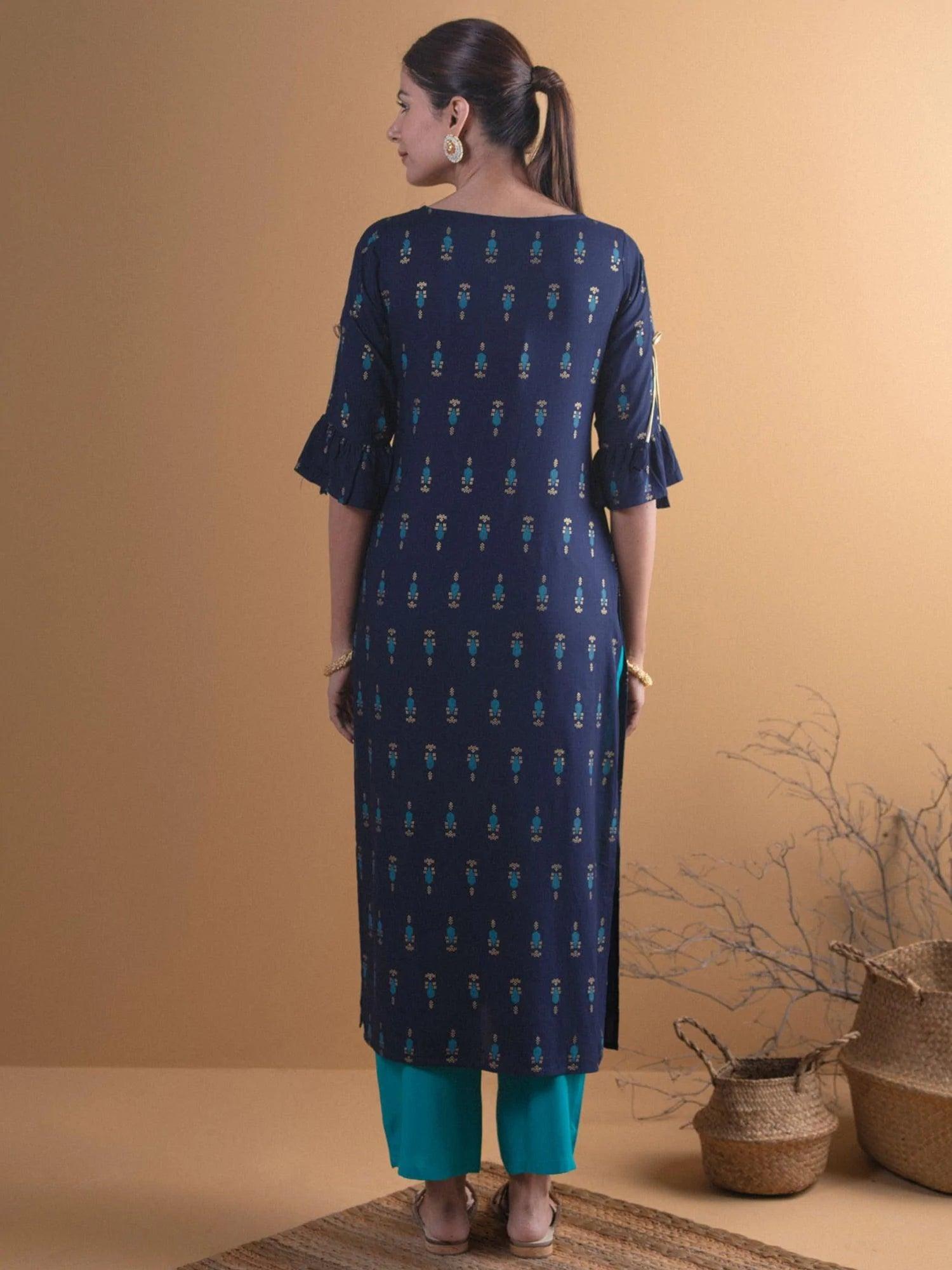 Navy Blue Printed Rayon Kurta