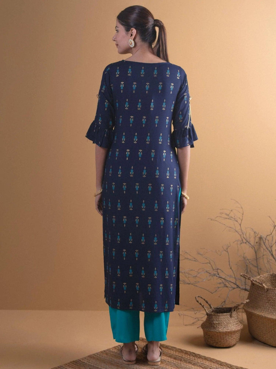 Navy Blue Printed Rayon Kurta - ShopLibas