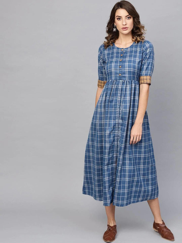 Blue Checkered Cotton Dress - ShopLibas