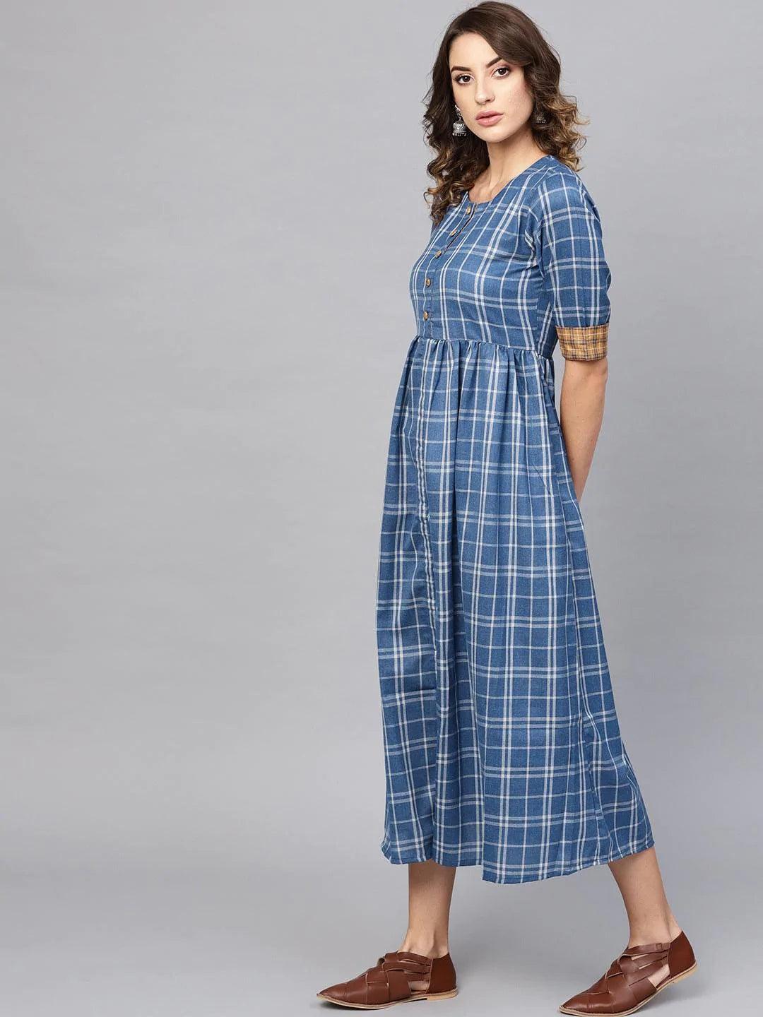 Blue Checkered Cotton Dress