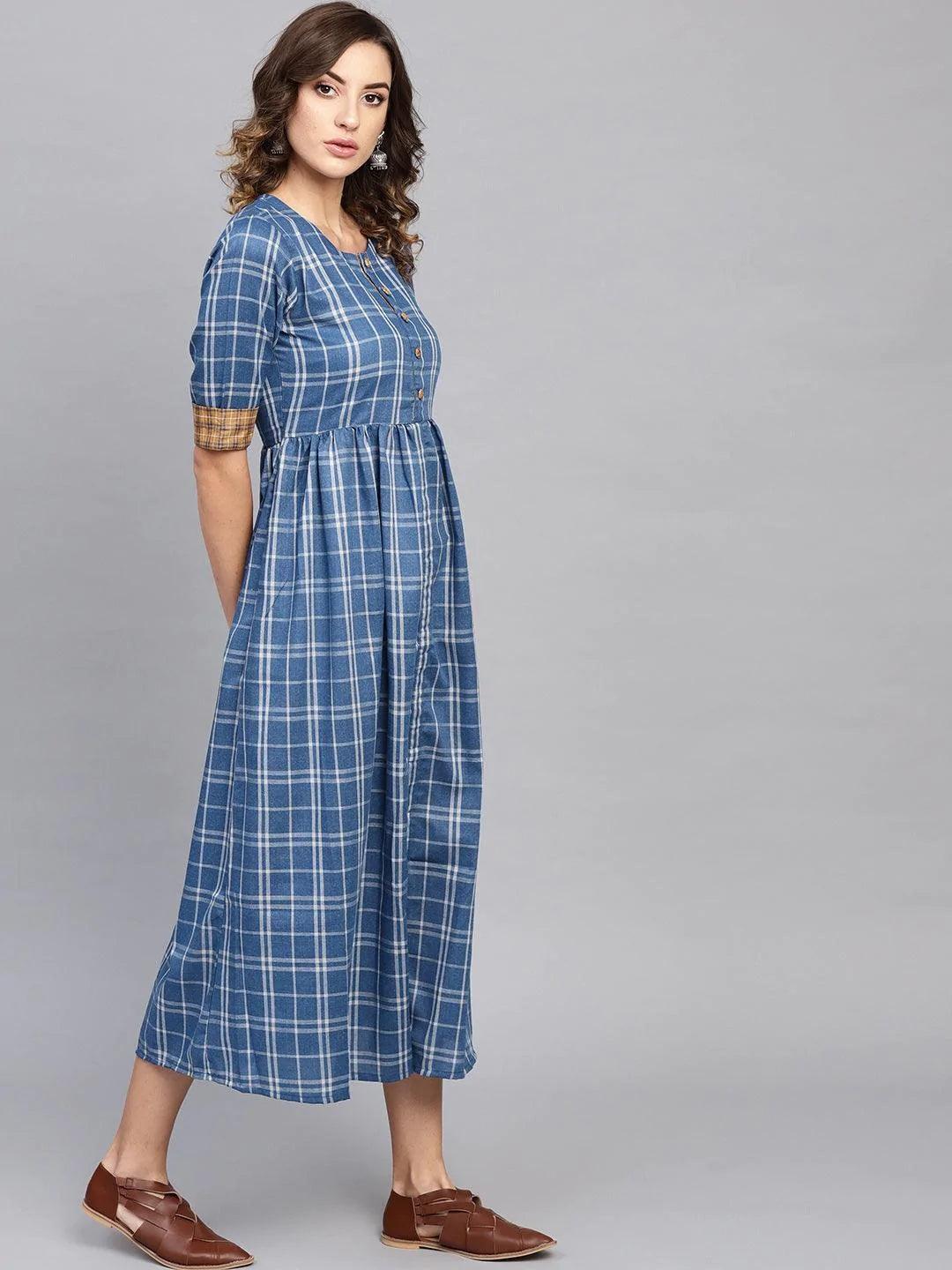 Blue Checkered Cotton Dress - ShopLibas