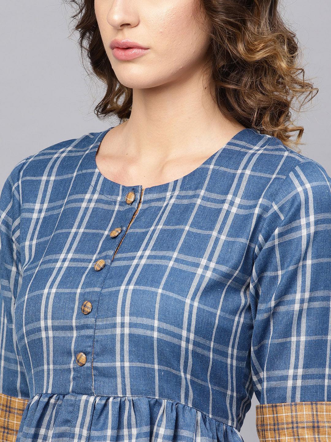 Blue Checkered Cotton Dress - ShopLibas