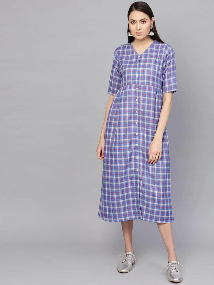 Blue Checkered Cotton Dress - ShopLibas