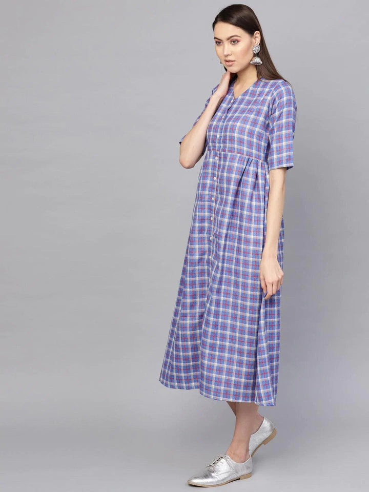 Blue Checkered Cotton Dress - ShopLibas