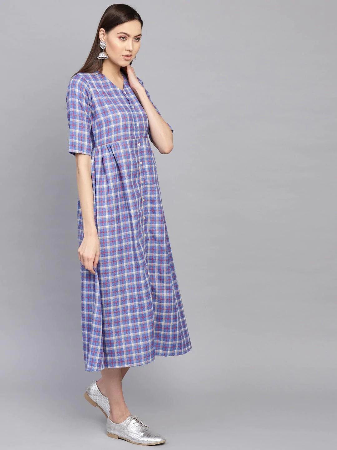 Blue Checkered Cotton Dress - ShopLibas