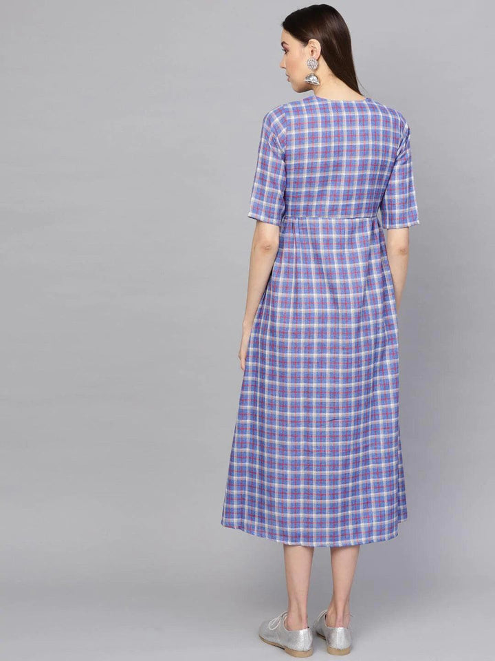 Blue Checkered Cotton Dress - ShopLibas