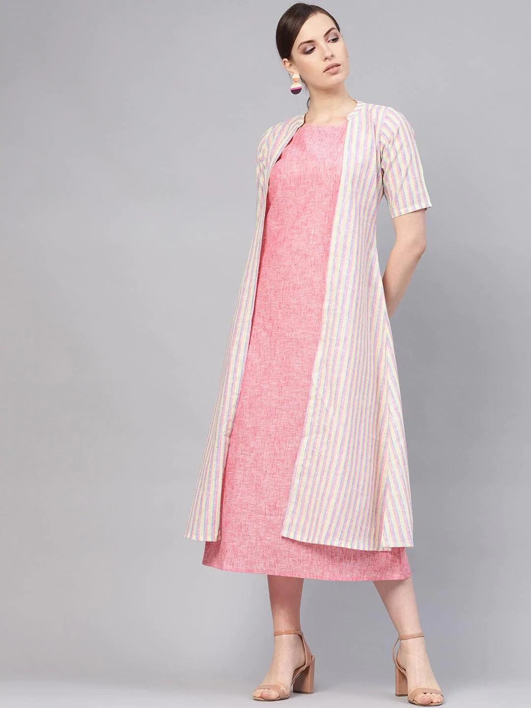 Pink Solid Cotton Dress With Jacket