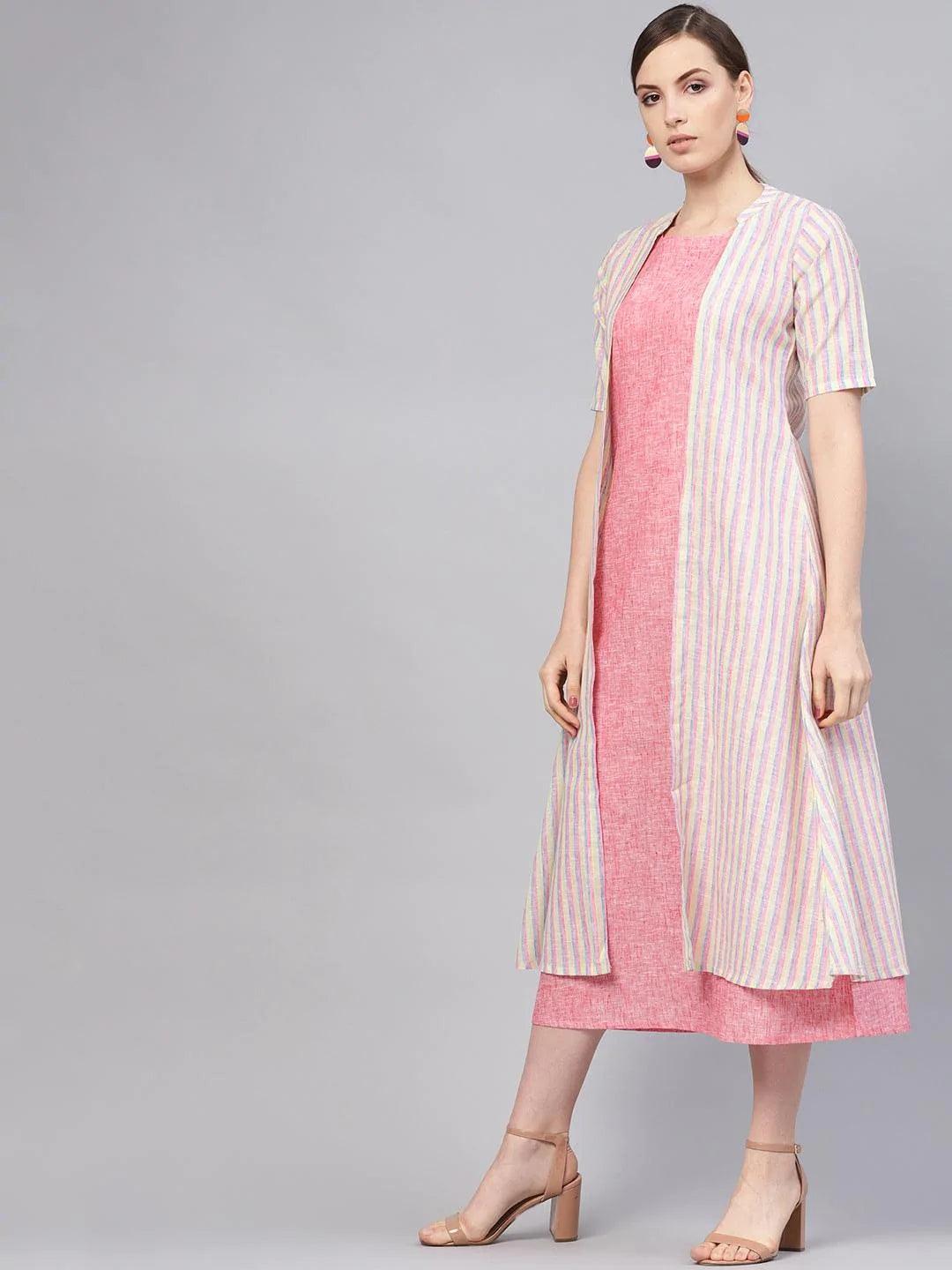 Pink Solid Cotton Dress With Jacket