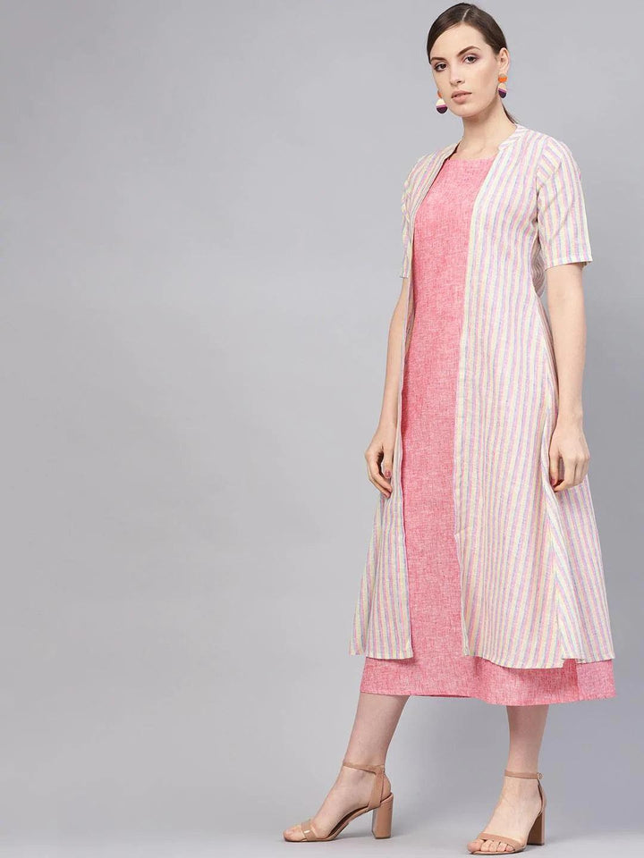 Pink Solid Cotton Dress With Jacket - ShopLibas