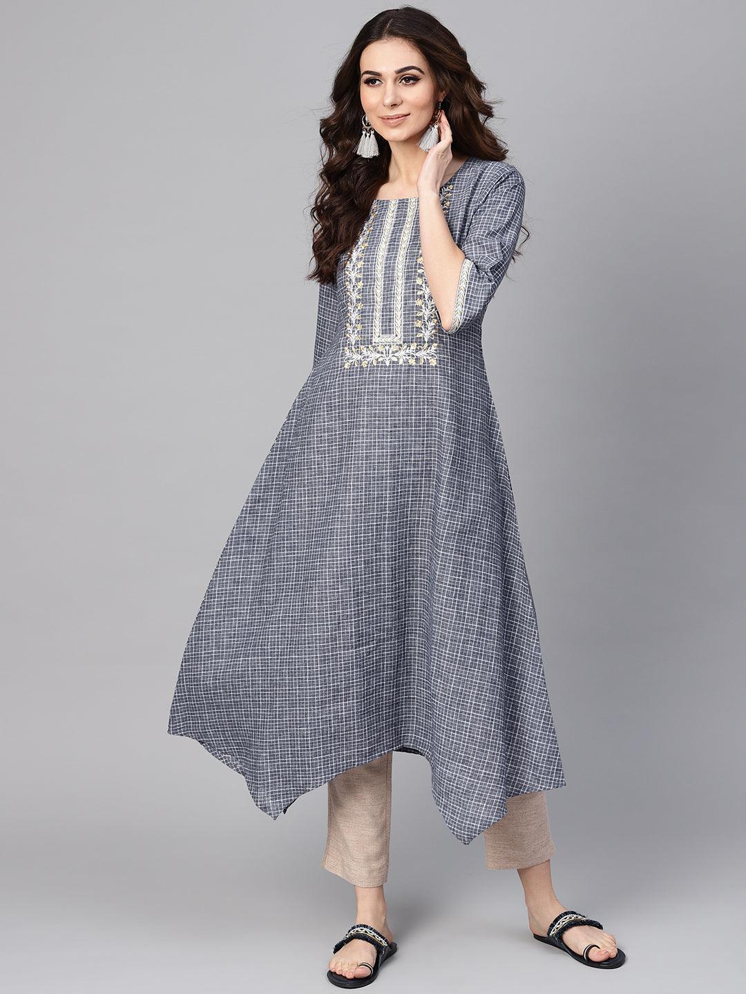 Grey Checkered Cotton Kurta - ShopLibas