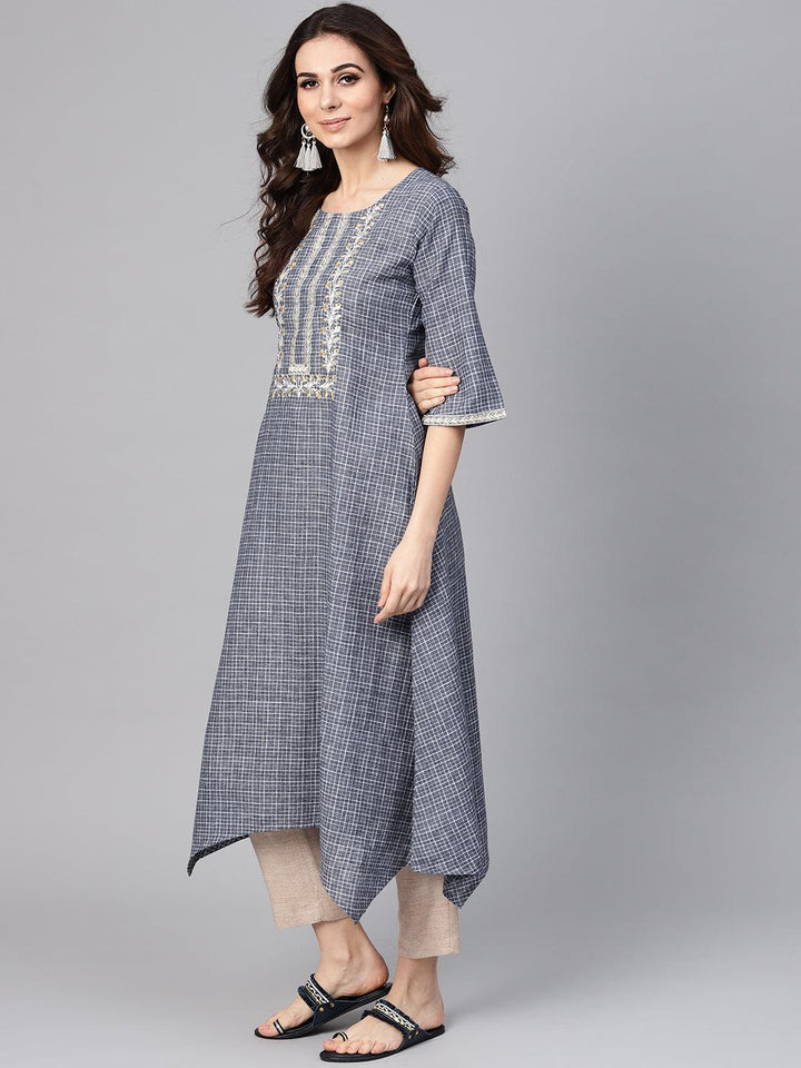 Grey Checkered Cotton Kurta - ShopLibas