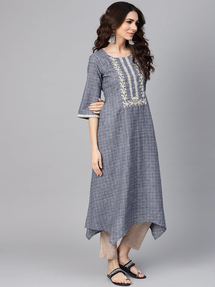 Grey Checkered Cotton Kurta - ShopLibas