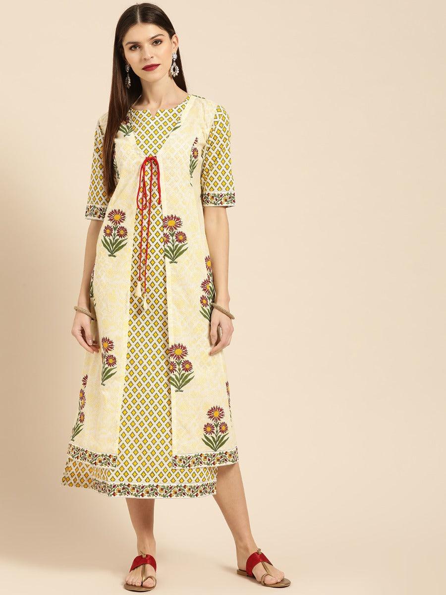 Yellow Printed Cotton Dress With Jacket - ShopLibas