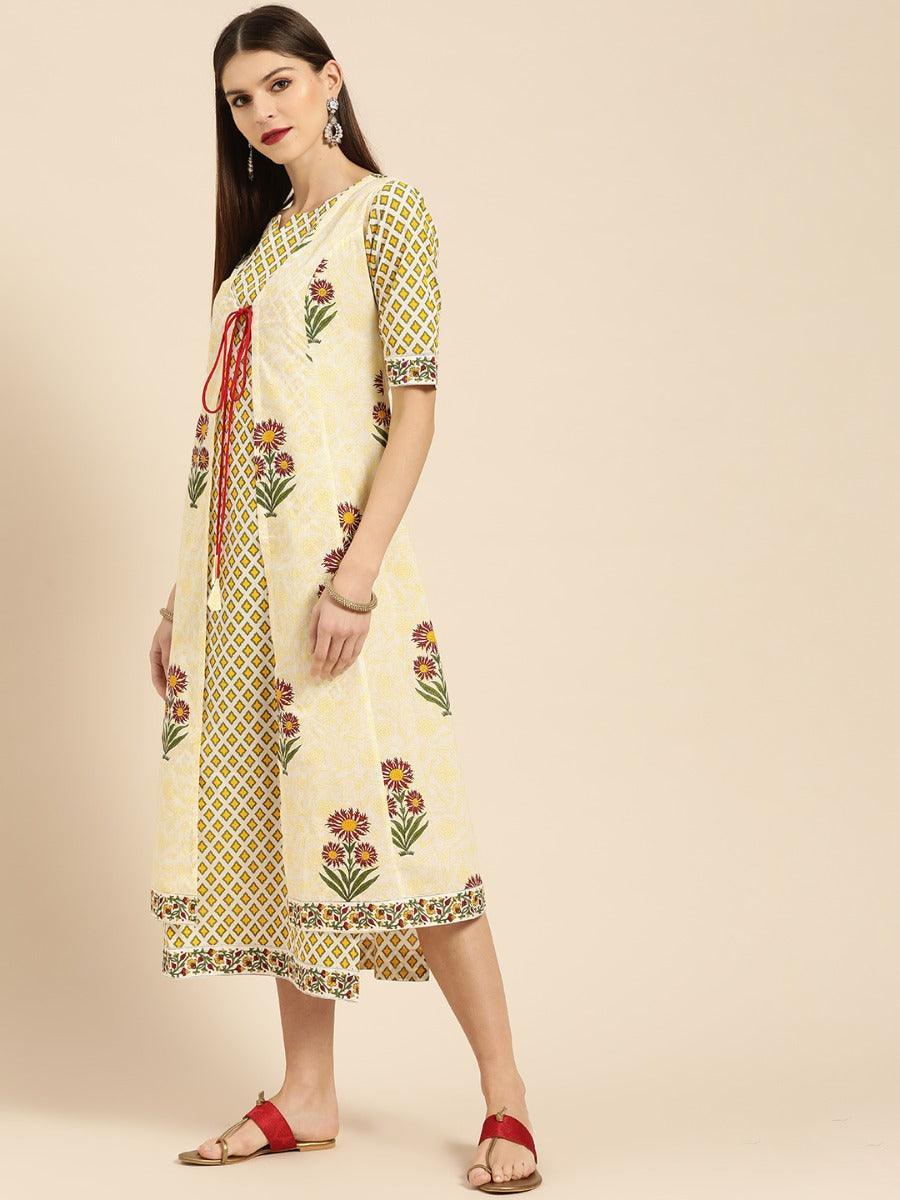 Yellow Printed Cotton Dress With Jacket