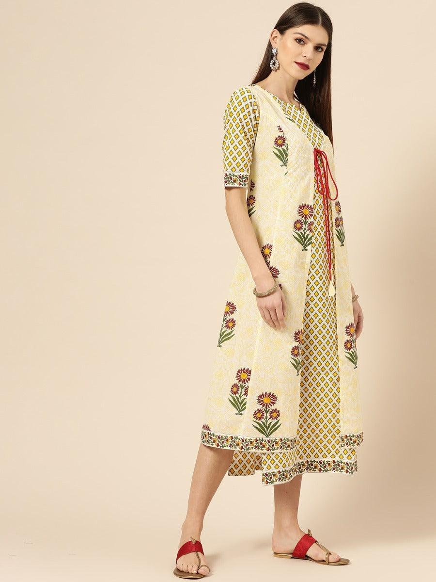 Yellow Printed Cotton Dress With Jacket - ShopLibas