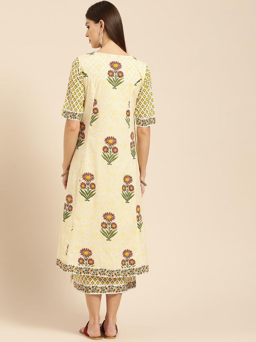 Yellow Printed Cotton Dress With Jacket