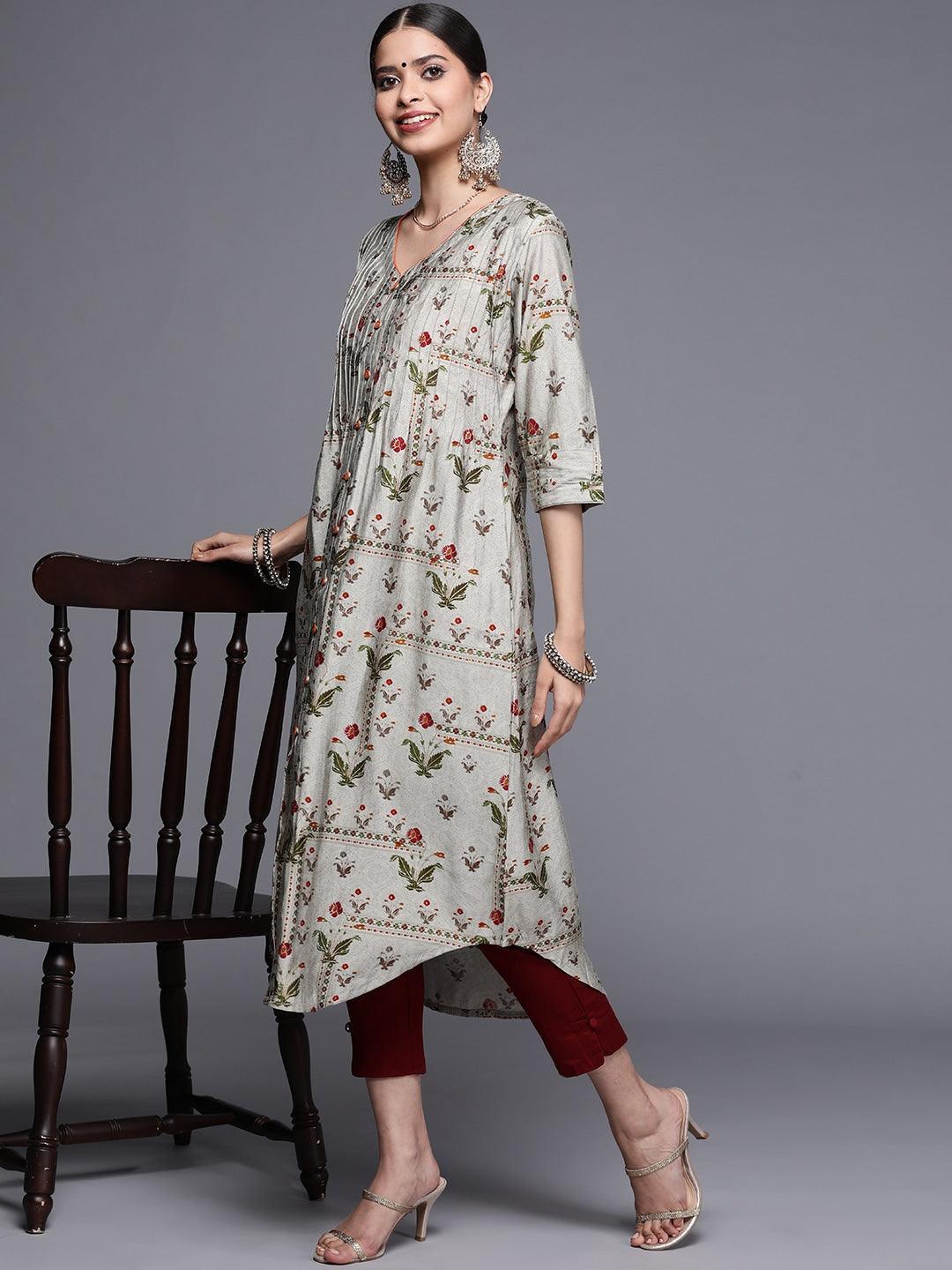 Grey Printed Chanderi Silk Kurta