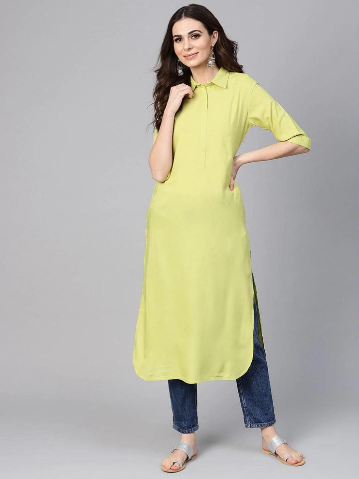 Lime Green Solid Rayon Kurta - ShopLibas