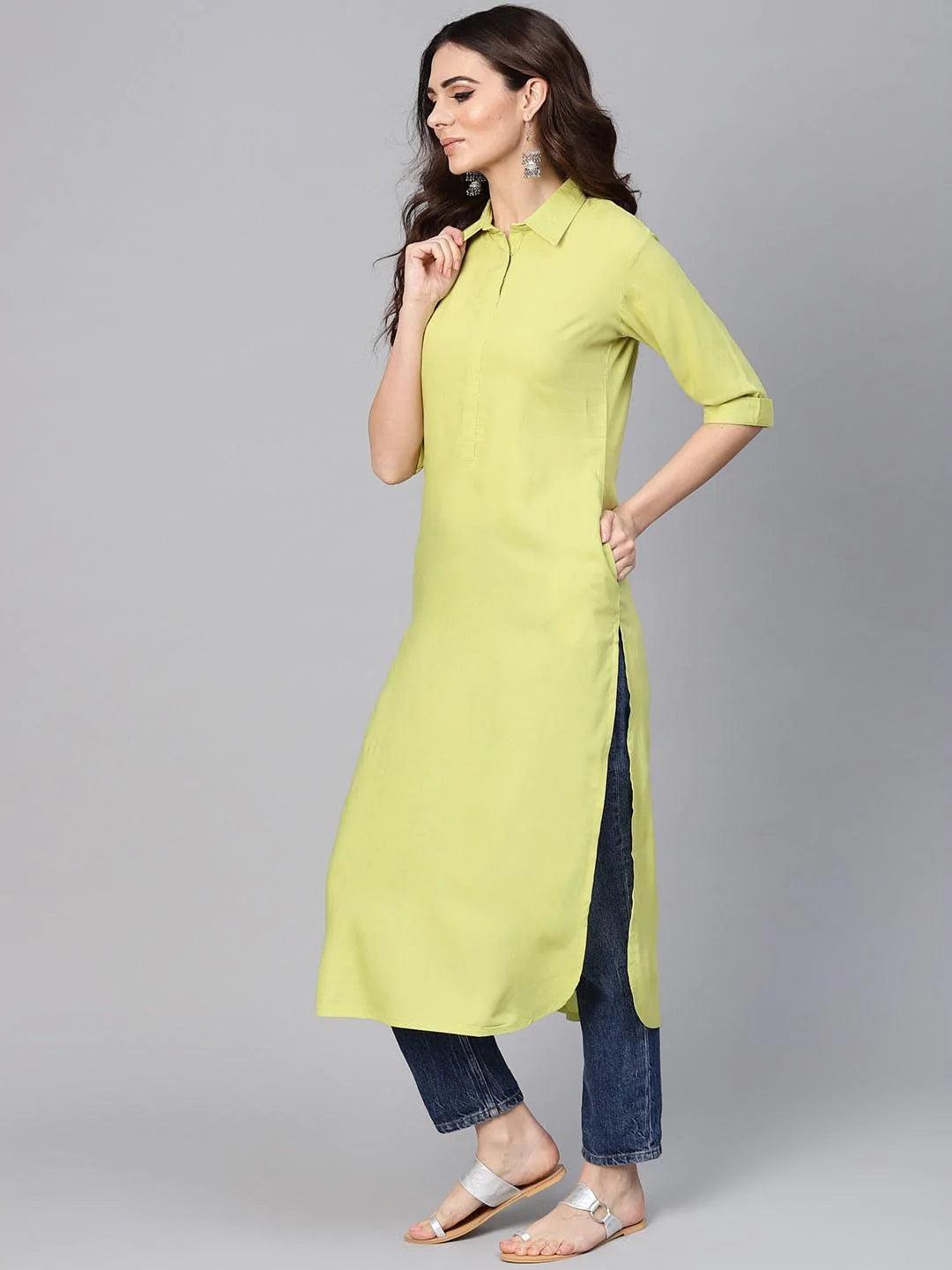 Lime Green Solid Rayon Kurta - ShopLibas