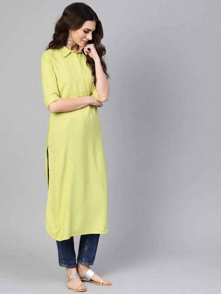 Lime Green Solid Rayon Kurta - ShopLibas