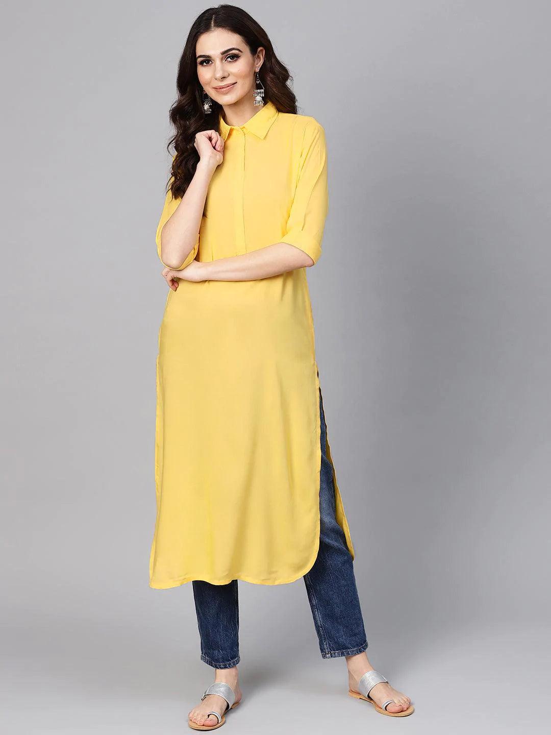 Yellow Solid Rayon Kurta - ShopLibas