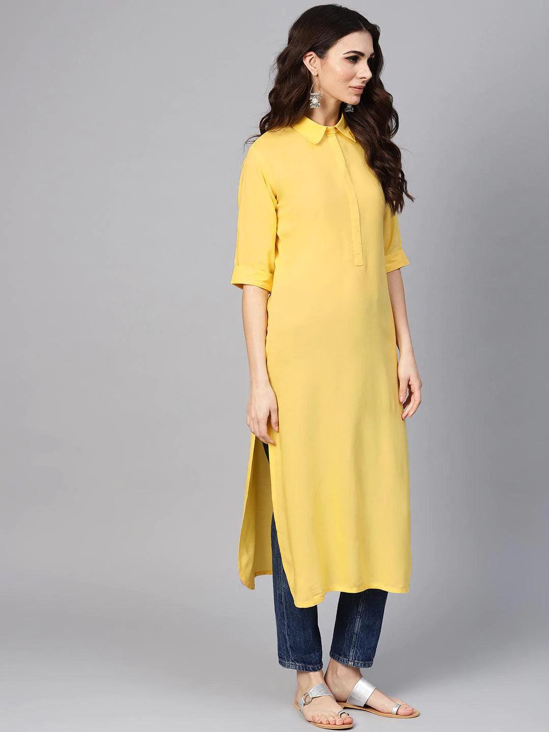 Yellow Solid Rayon Kurta - ShopLibas