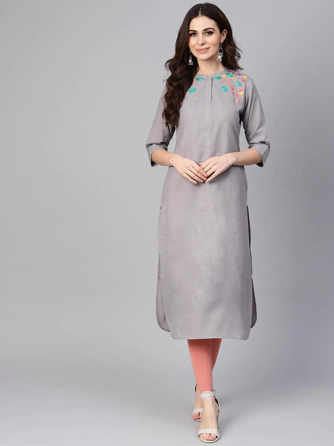 Grey Embroidered Cotton Kurta