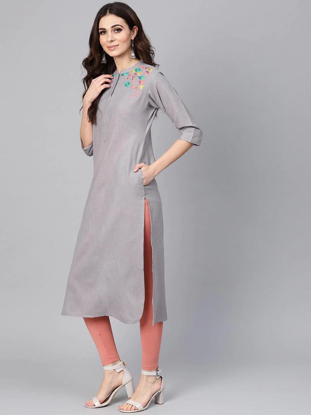 Grey Embroidered Cotton Kurta