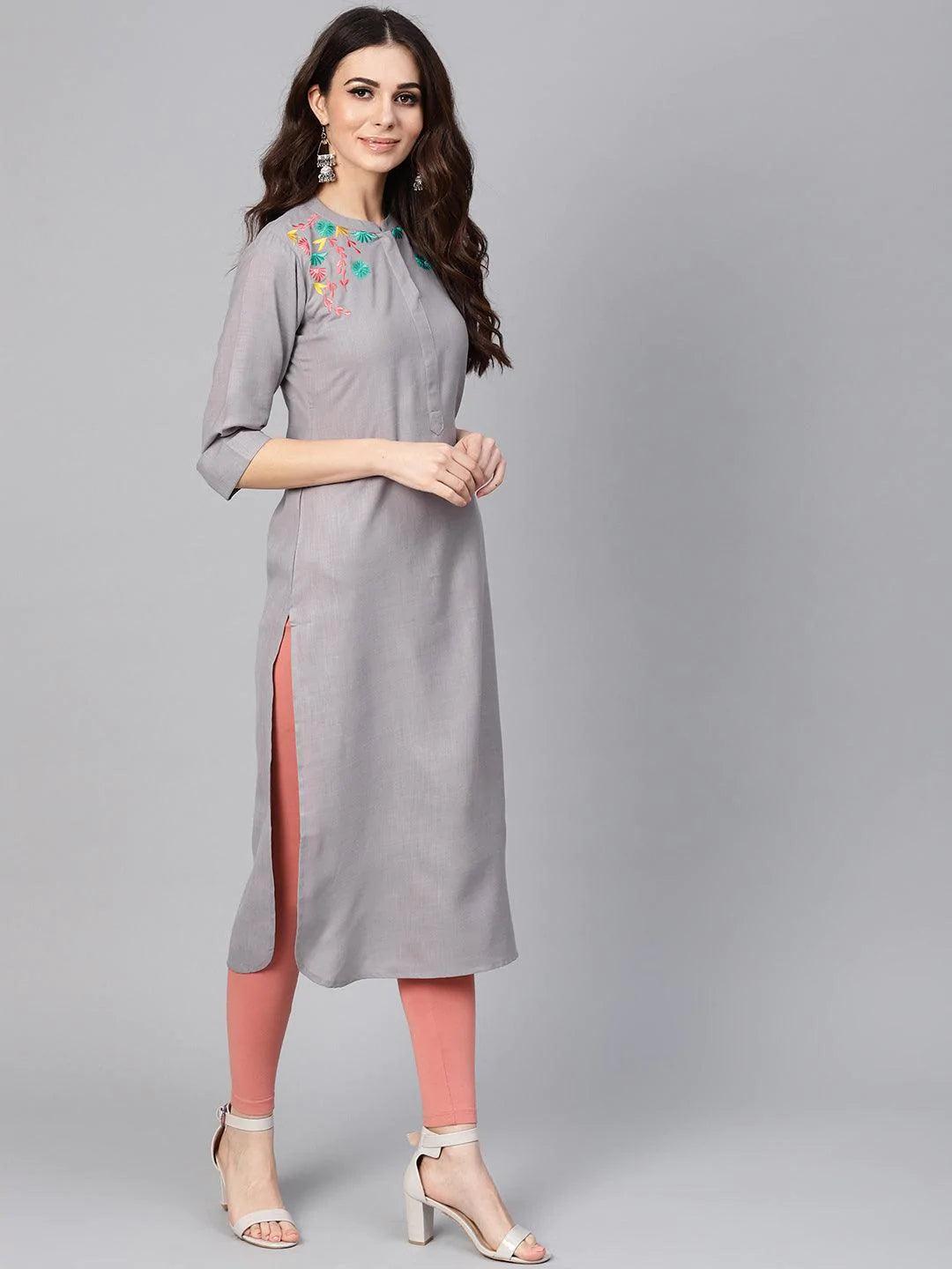 Grey Embroidered Cotton Kurta