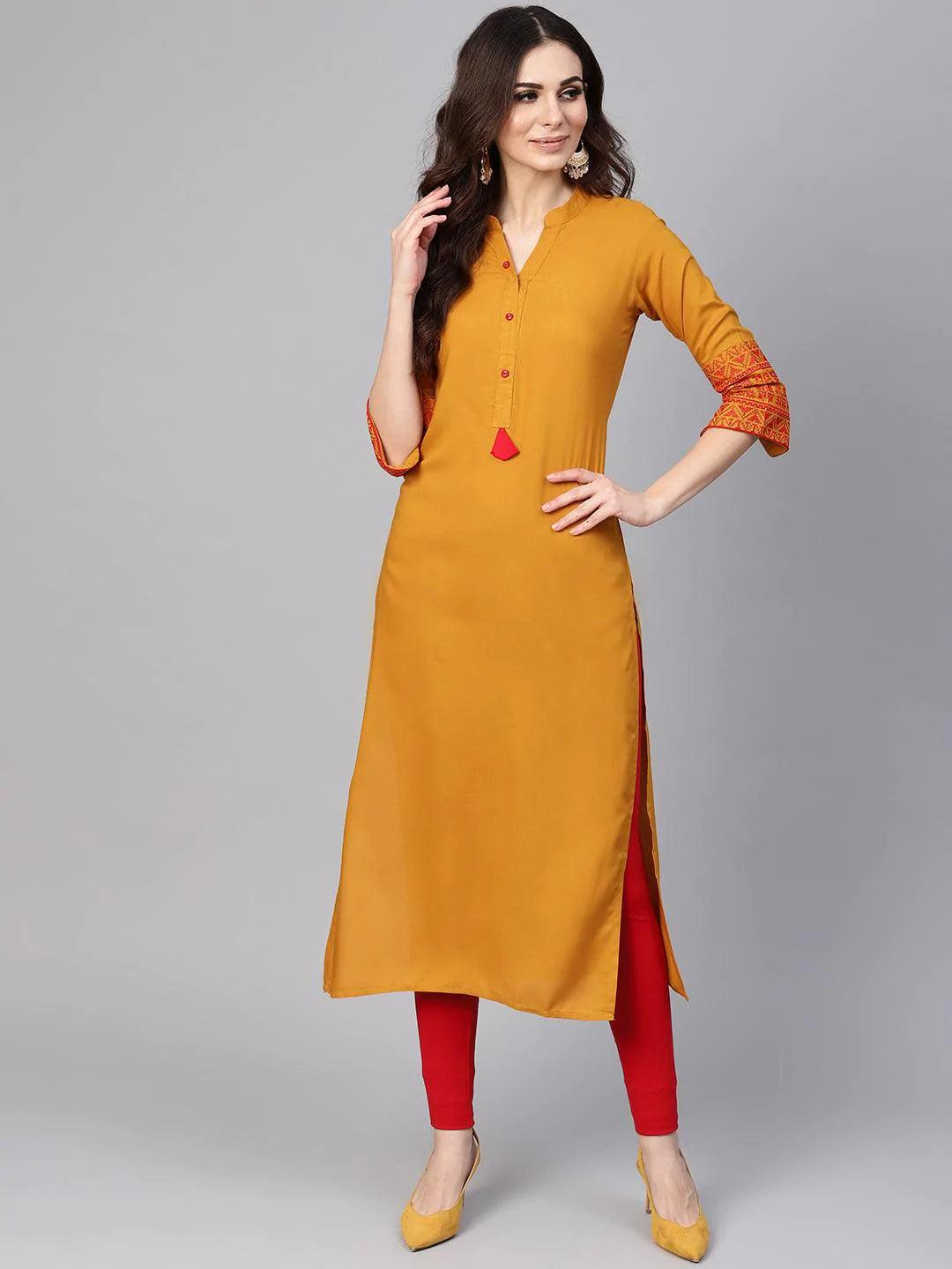 Mustard Embroidered Rayon Kurta