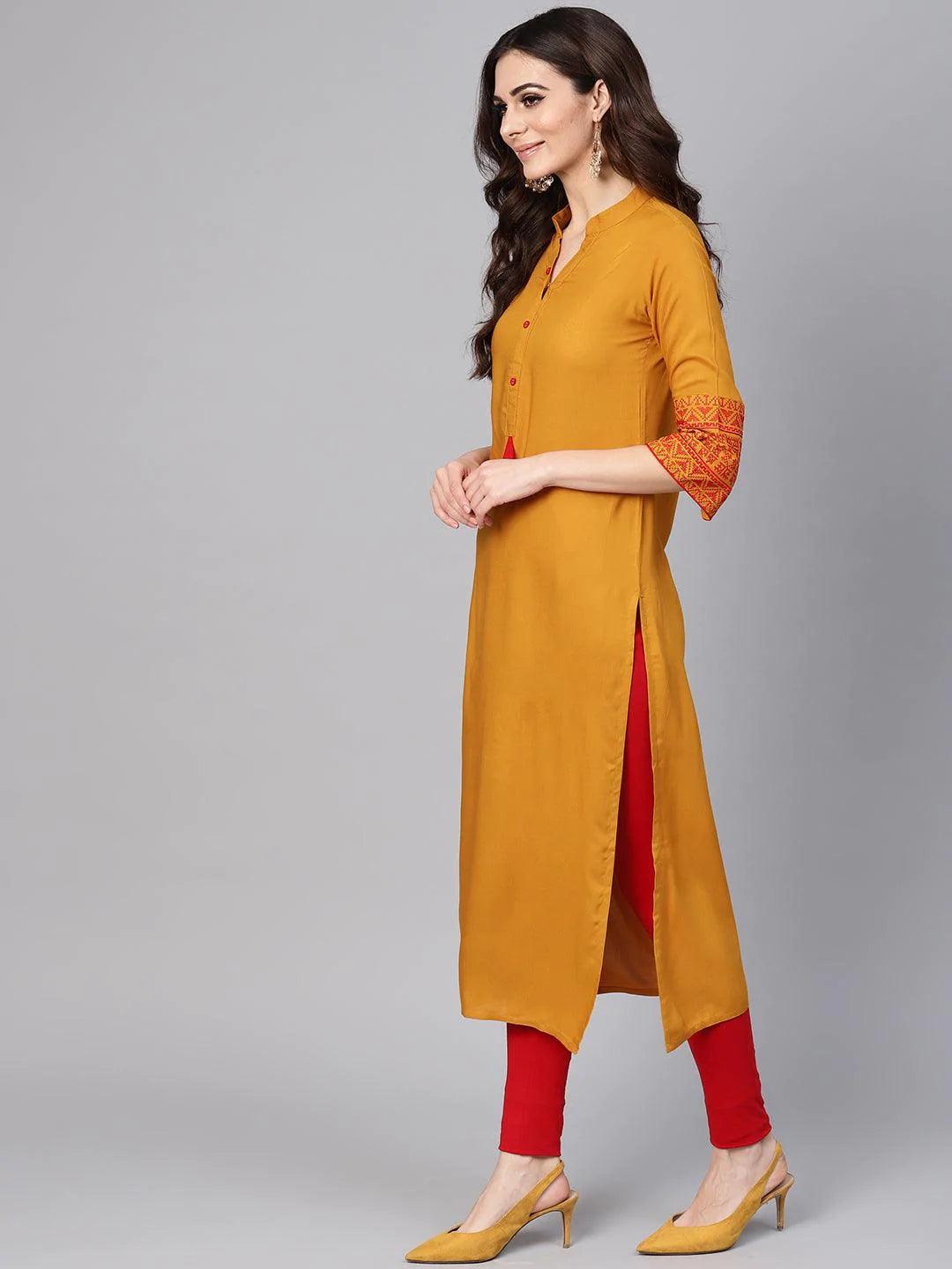 Mustard Embroidered Rayon Kurta