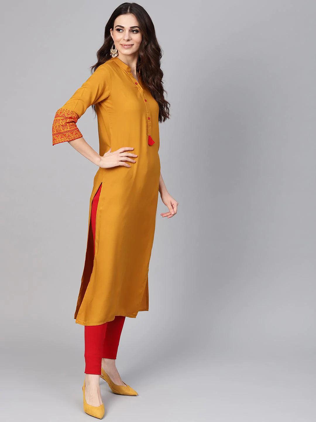 Mustard Embroidered Rayon Kurta