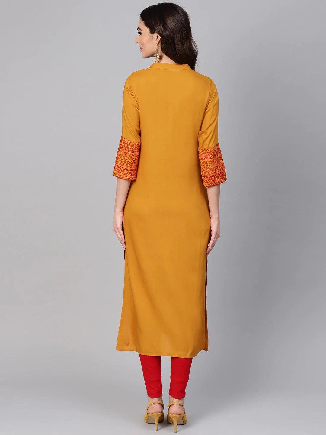 Mustard Embroidered Rayon Kurta