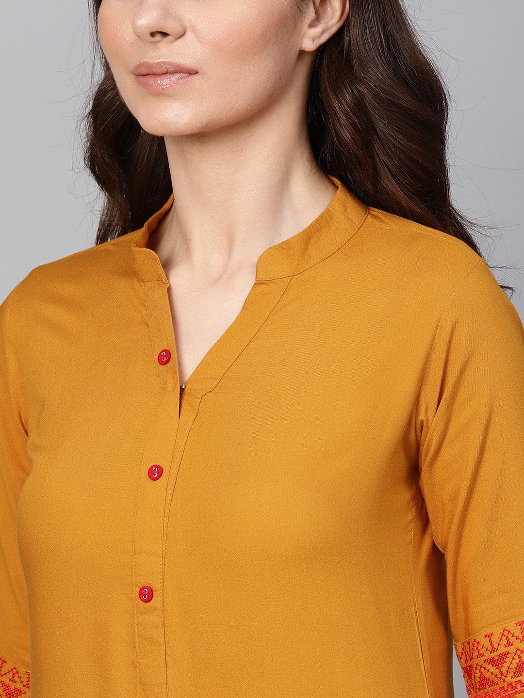 Mustard Embroidered Rayon Kurta