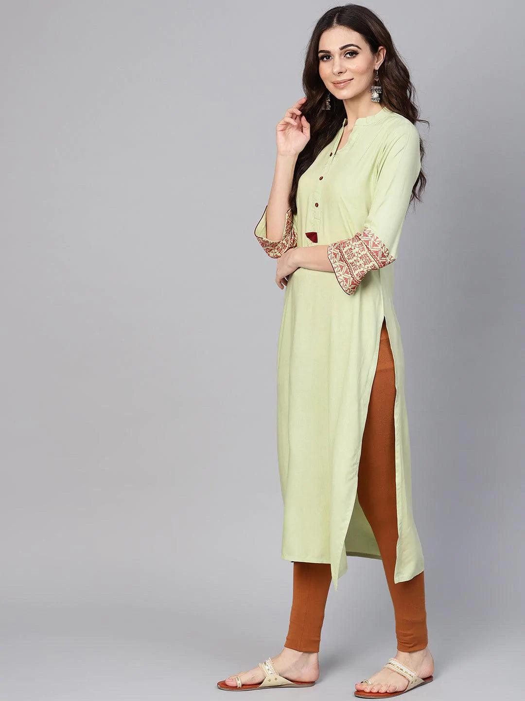 Green Solid Rayon Kurta - ShopLibas