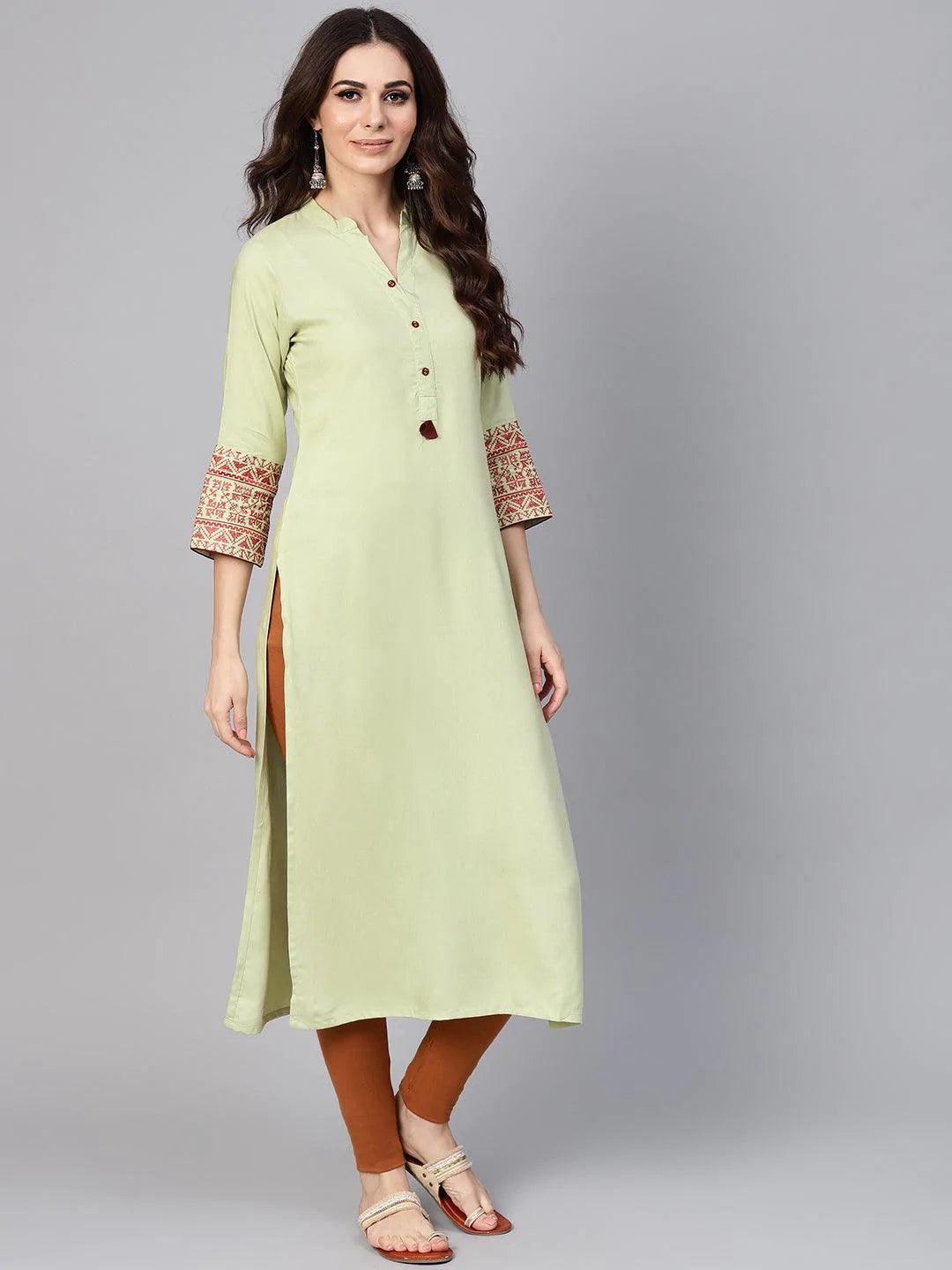 Green Solid Rayon Kurta - ShopLibas