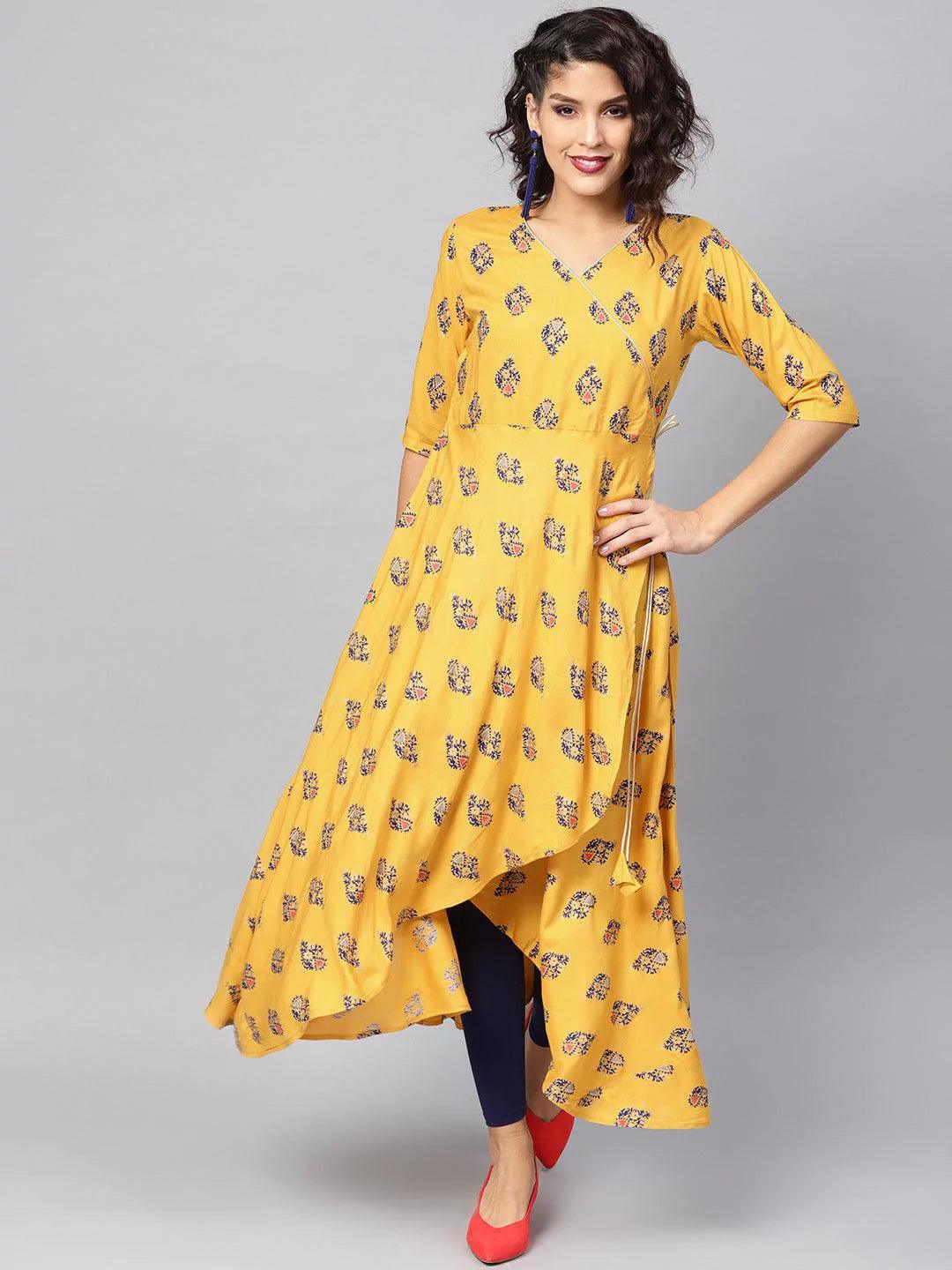 Yellow Printed Rayon Kurta - ShopLibas